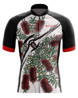 Swooping Magpie with bottlebrush detail and red sleeves cycle jersey | Cycling Clothing