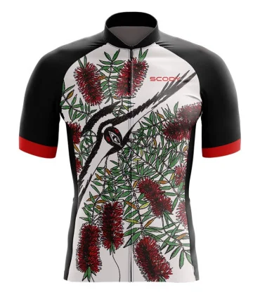 Swooping Magpie with bottlebrush detail and red sleeves cycle jersey | Cycling Clothing