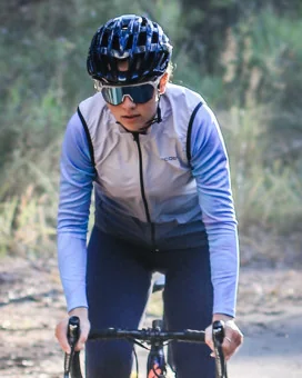 Pale grey deepening to slate grey wind vest with mesh pockets on back