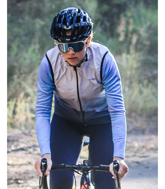 Pale grey deepening to slate grey wind vest with mesh pockets on back