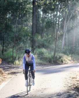 Pale grey deepening to slate grey wind vest with mesh pockets on back