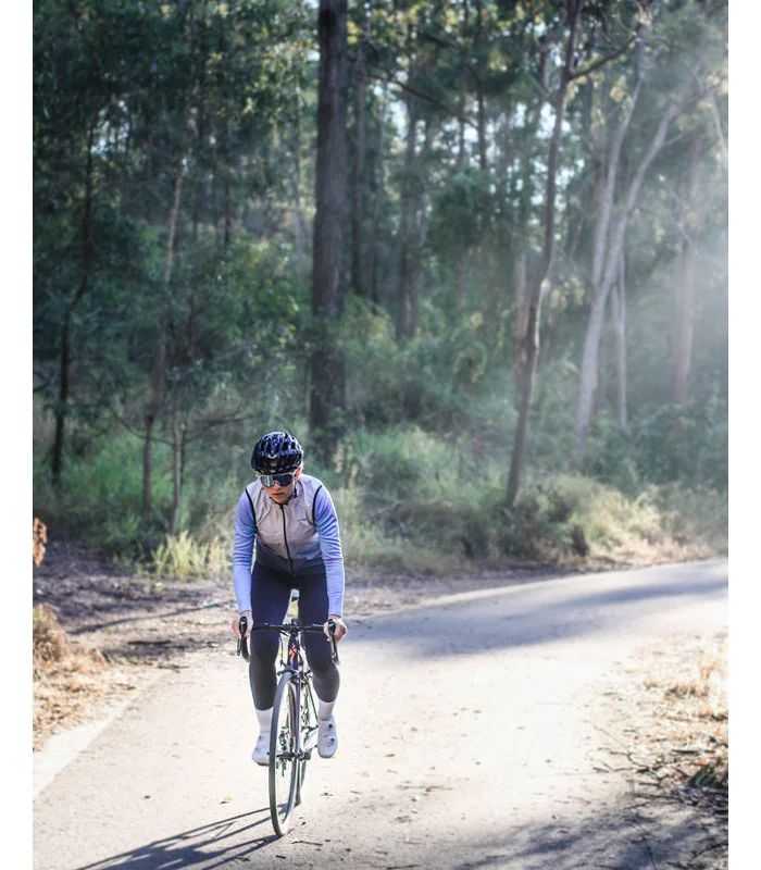 Pale grey deepening to slate grey wind vest with mesh pockets on back