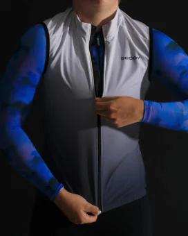 Pale grey deepening to slate grey wind vest with mesh pockets on back