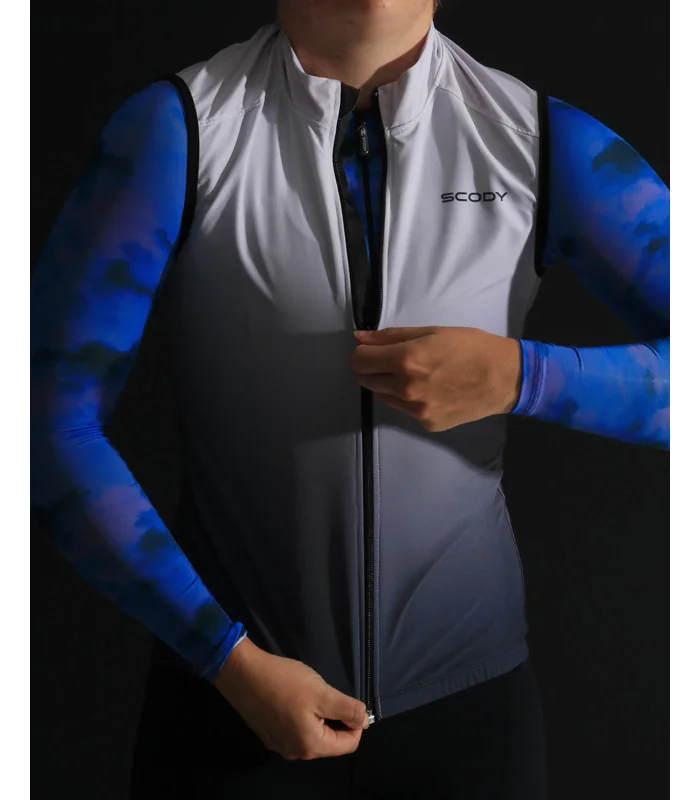 Pale grey deepening to slate grey wind vest with mesh pockets on back