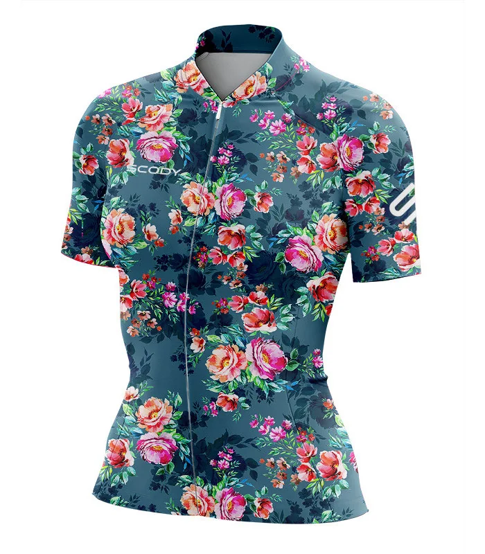 Floral Cycle Jersey - multi coloured flowers on a teal/grey background Performance Cycling Jersey | Cycling Clothing