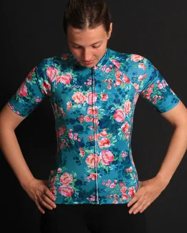 Floral Cycle Jersey - multi coloured flowers on a teal/grey background Performance Cycling Jersey | Cycling Clothing