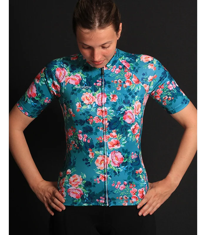 Floral Cycle Jersey - multi coloured flowers on a teal/grey background Performance Cycling Jersey | Cycling Clothing