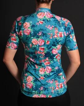 Floral Cycle Jersey - multi coloured flowers on a teal/grey background Performance Cycling Jersey | Cycling Clothing