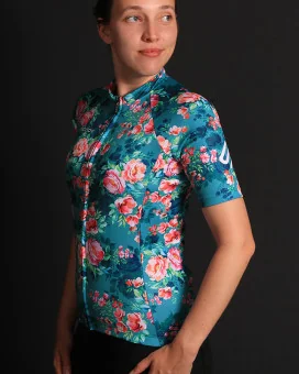 Floral Cycle Jersey - multi coloured flowers on a teal/grey background Performance Cycling Jersey | Cycling Clothing