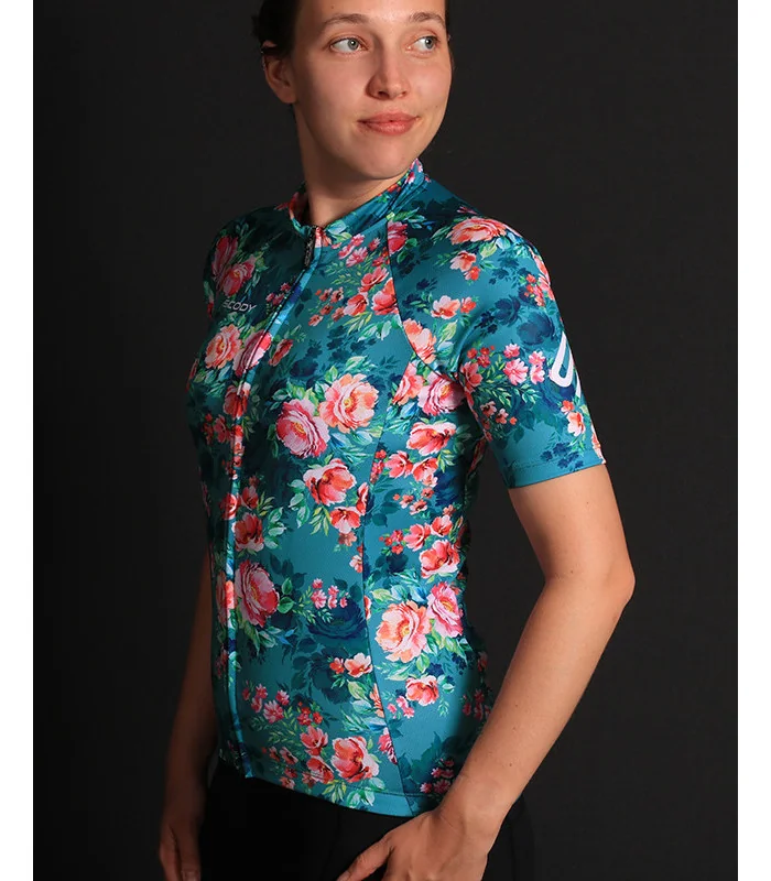 Floral Cycle Jersey - multi coloured flowers on a teal/grey background Performance Cycling Jersey | Cycling Clothing