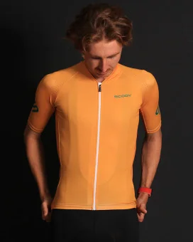 Staple Satsuma Spritz Deep Yellow with Vital Green logo detail Optimise Cycle Jersey | Cycling Clothing