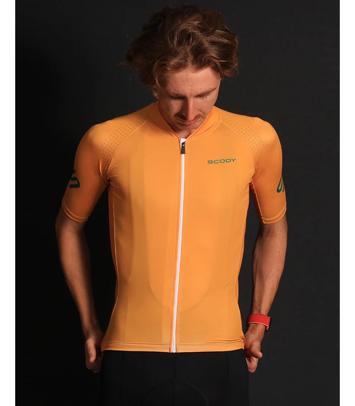 Staple Satsuma Spritz Deep Yellow with Vital Green logo detail Optimise Cycle Jersey | Cycling Clothing
