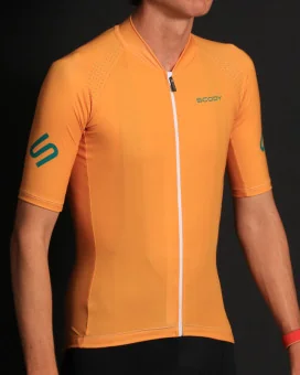 Staple Satsuma Spritz Deep Yellow with Vital Green logo detail Optimise Cycle Jersey | Cycling Clothing