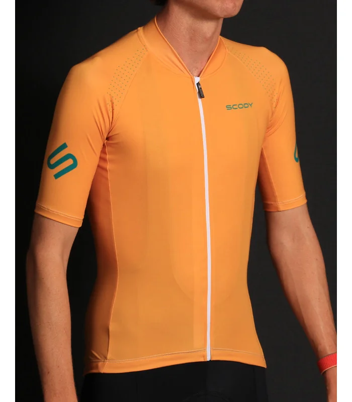 Staple Satsuma Spritz Deep Yellow with Vital Green logo detail Optimise Cycle Jersey | Cycling Clothing