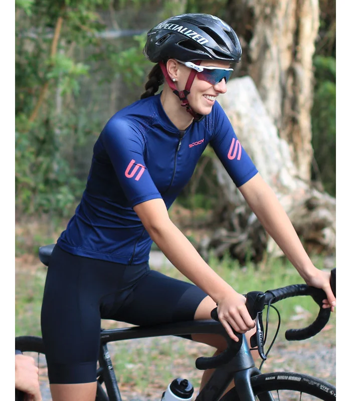 Staple French Navy with Strawberry logo detail Optimise Cycle Jersey and Black Bibs| Cycling Clothing