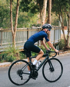 Staple French Navy with Strawberry logo detail Optimise Cycle Jersey and Black Bibs| Cycling Clothing