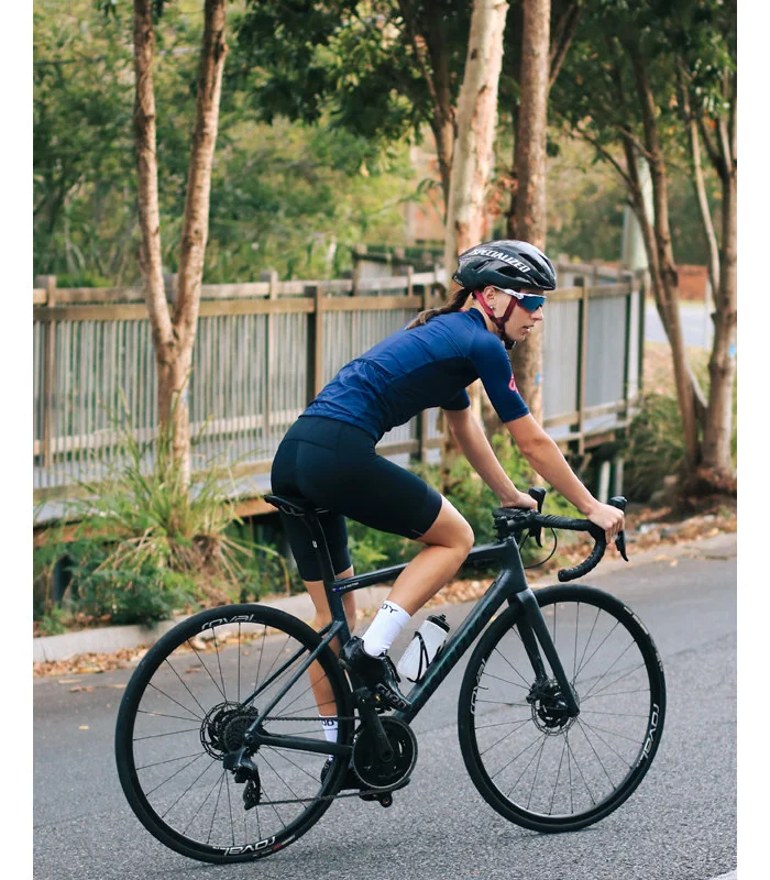 Staple French Navy with Strawberry logo detail Optimise Cycle Jersey and Black Bibs| Cycling Clothing