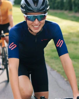 Staple French Navy with Strawberry logo detail Optimise Cycle Jersey and Black Bibs| Cycling Clothing