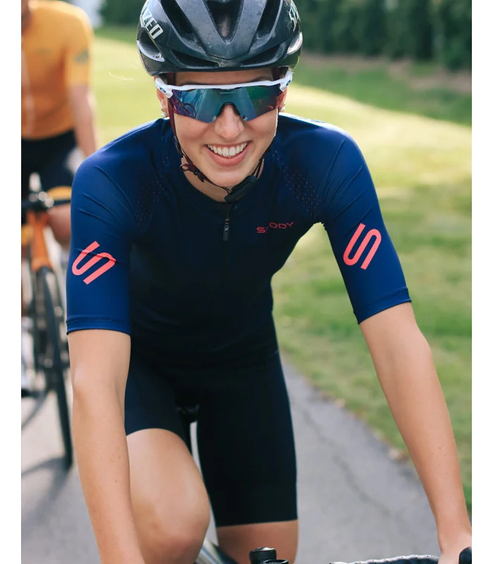 Staple French Navy with Strawberry logo detail Optimise Cycle Jersey and Black Bibs| Cycling Clothing