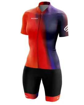 Bright Red through Orange through Purple Cycle Jersey with black bibs and matching cuffs | Cycling Gear