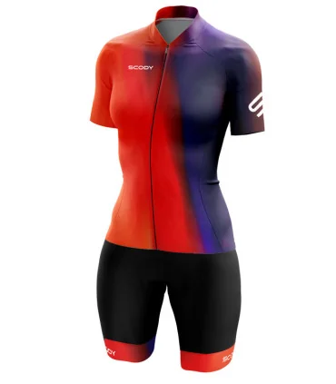 Bright Red through Orange through Purple Cycle Jersey with black bibs and matching cuffs | Cycling Gear