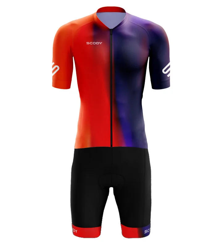 Bright Red through Orange through Purple Cycle Jersey with black cycle bib shorts and matching cuffs | Cycling Gear