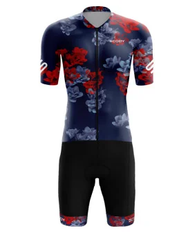 Hana Navy Jersey with subtle floral detail with Black bibs with matching cuffs | Cycling Gear