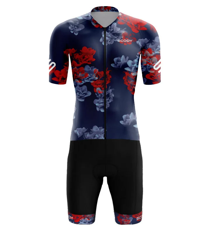 Hana Navy Jersey with subtle floral detail with Black bibs with matching cuffs | Cycling Gear
