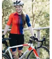 Bright Red through Orange through Purple Cycle Jersey with black bibs and matching cuffs | Cycling Gear