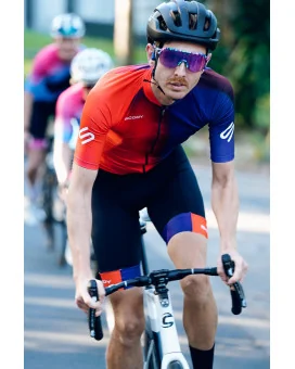 Bright Red through Orange through Purple Cycle Jersey with black bibs and matching cuffs | Cycling Gear