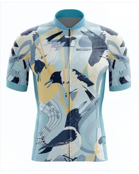 Magpies serenading the sunrise on a blue cycle jersey | Cycling Gear