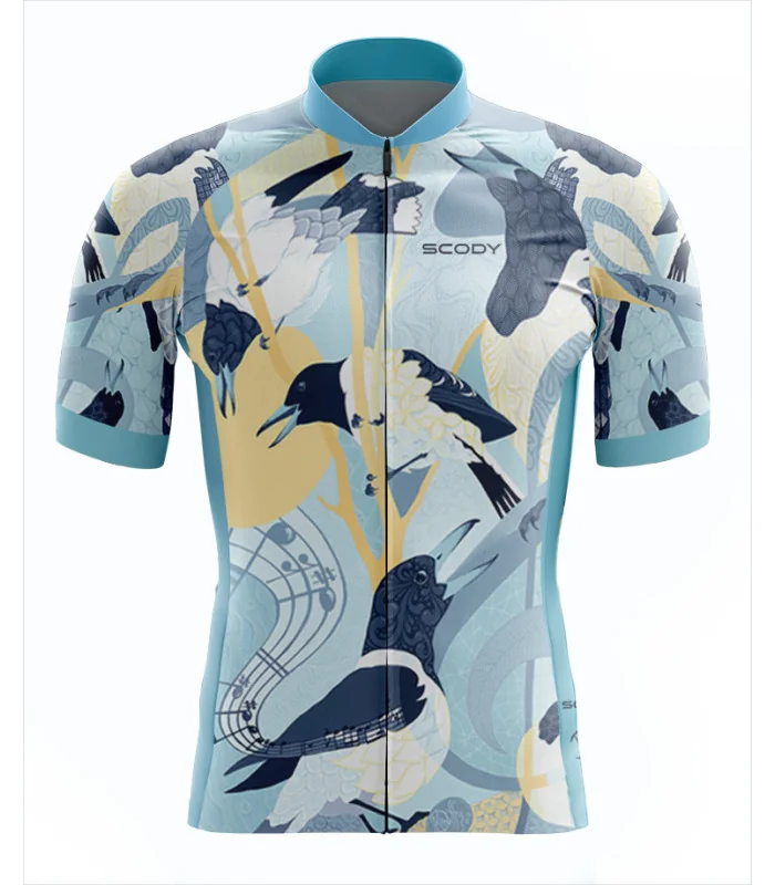 Magpies serenading the sunrise on a blue cycle jersey | Cycling Gear