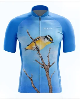 Australian Artist Cycle Jersey featuring a bright Pardalote perched on a branch against the blue Australian sky | Cycling Gear