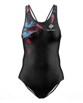 Black Hydrophobic Triathlon Swimsuit with a subtle blue and pink mosaic graphic | Triathlon Gear