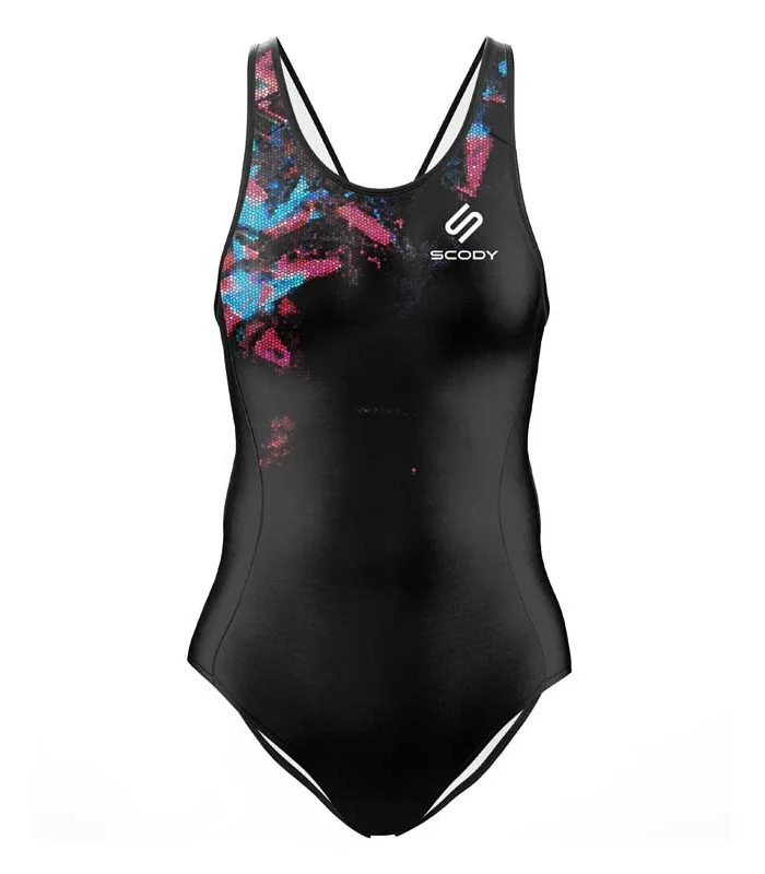 Black Hydrophobic Triathlon Swimsuit with a subtle blue and pink mosaic graphic | Triathlon Gear