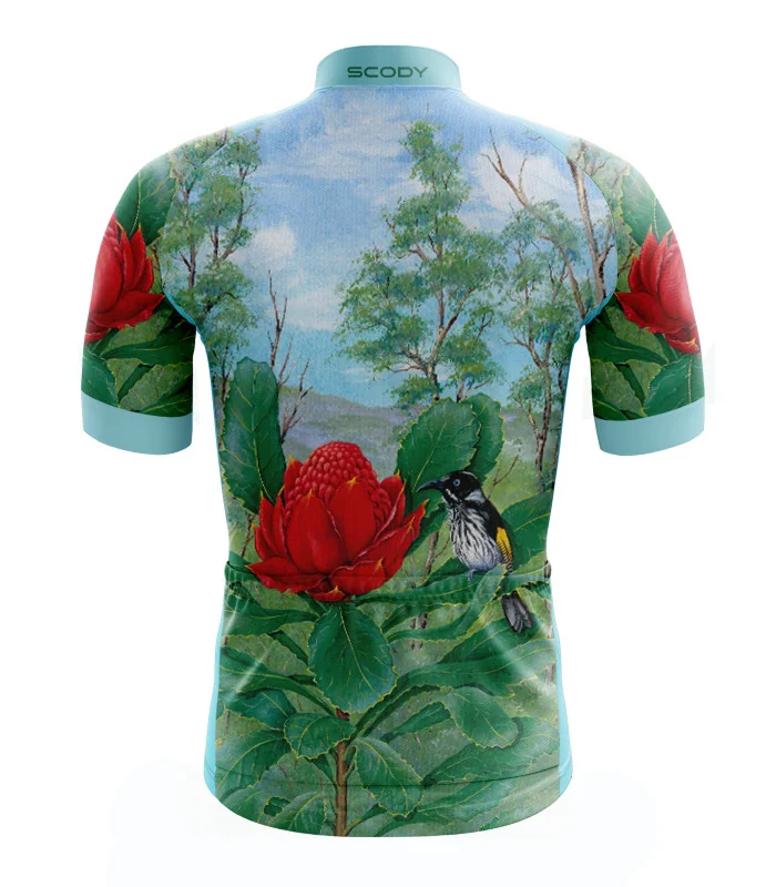 Australian Artist Cycle Jersey featuring a Waratah on an Australian Landscape | Cycling Gear
