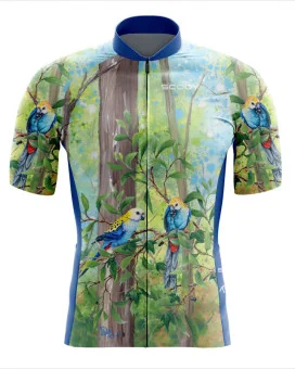 Cycle jersey with pale-headed rosellas on a Corky passion vine | Cycling Gear