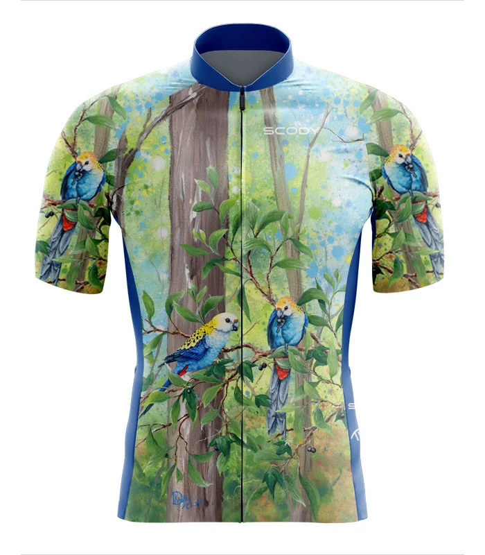 Cycle jersey with pale-headed rosellas on a Corky passion vine | Cycling Gear
