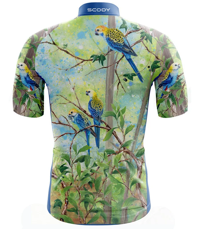 Cycle jersey with pale-headed rosellas on a Corky passion vine | Cycling Gear