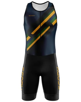 Navy Triathlon Suit with Green and Gold Detail across chest | Triathlon Gear