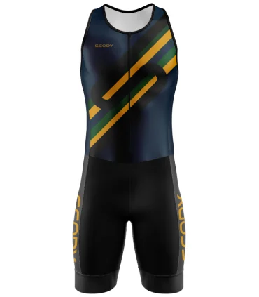 Navy Triathlon Suit with Green and Gold Detail across chest | Triathlon Gear