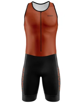 Men's Burnt Orange sleeveless triathlon suit w front zip for sale at Scody Australia. Flexible payment options| Triathlon Suits