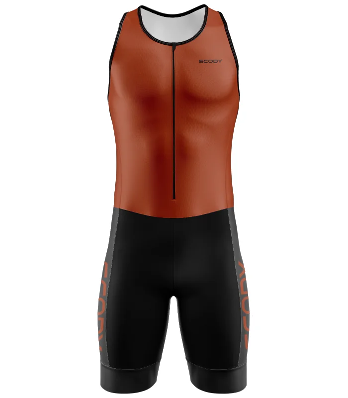 Men's Burnt Orange sleeveless triathlon suit w front zip for sale at Scody Australia. Flexible payment options| Triathlon Suits
