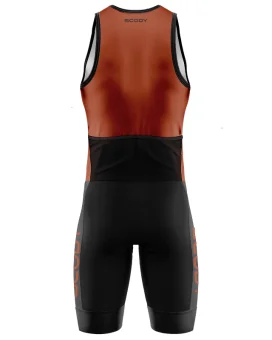 Men's Burnt Orange sleeveless triathlon suit w front zip for sale at Scody Australia. Flexible payment options| Triathlon Suits