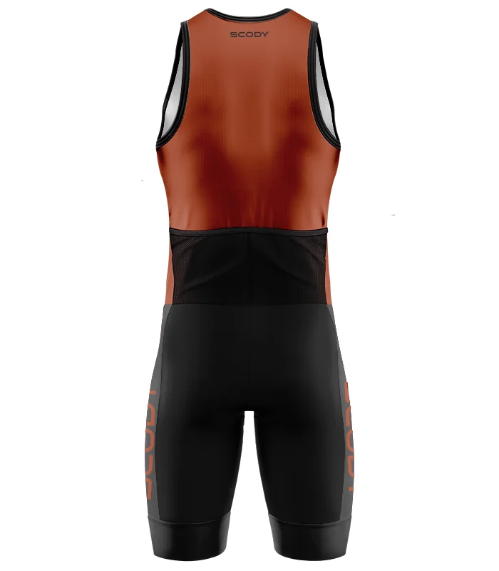 Men's Burnt Orange sleeveless triathlon suit w front zip for sale at Scody Australia. Flexible payment options| Triathlon Suits