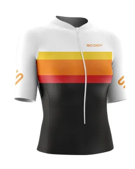 Women's Black with sunrise stripes and white sleeves  Triathlon Top w UPF50+ for sale at Scody Australia. Flexible payment