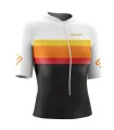 Women's Black with sunrise stripes and white sleeves  Triathlon Top w UPF50+ for sale at Scody Australia. Flexible payment