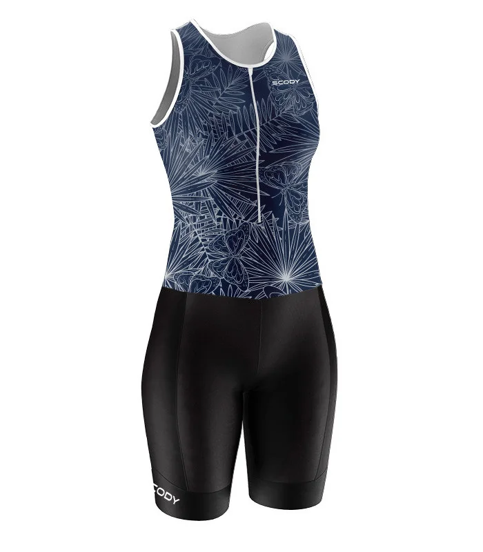 Women's Navy sleeveless triathlon suit w front zip for sale at Scody Australia. Flexible payment options| Triathlon Suits