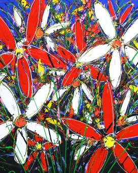 Close up of original art work Tangled Flowers by David Hart