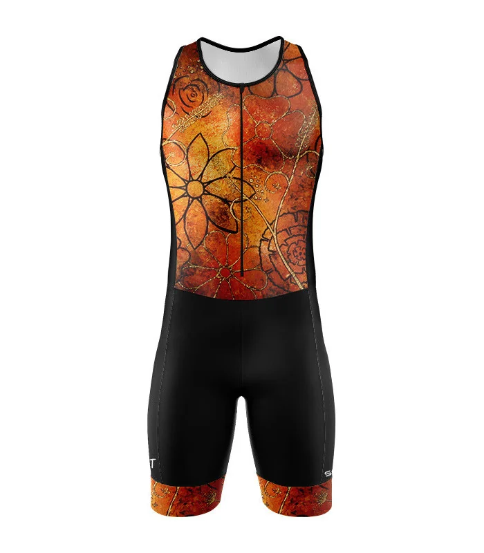 Men's Floral Cluster (Orange) sleeveless triathlon suit for sale at Scody Australia. Flexible payment options| Triathlon Suits